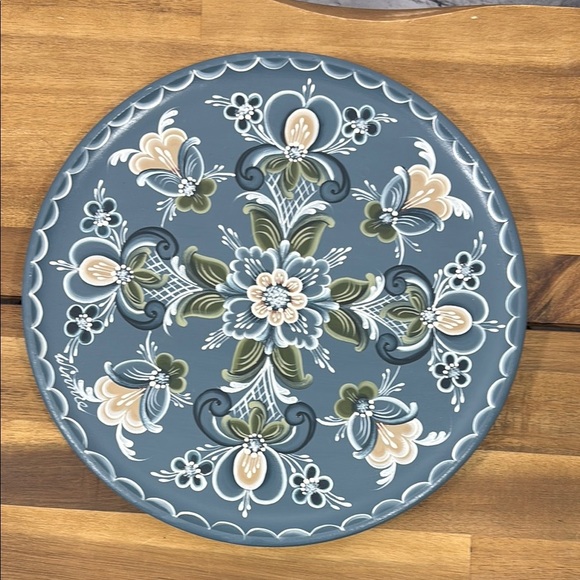 Floral Decorative Wood Plate in Blue and Cream - Picture 1 of 6